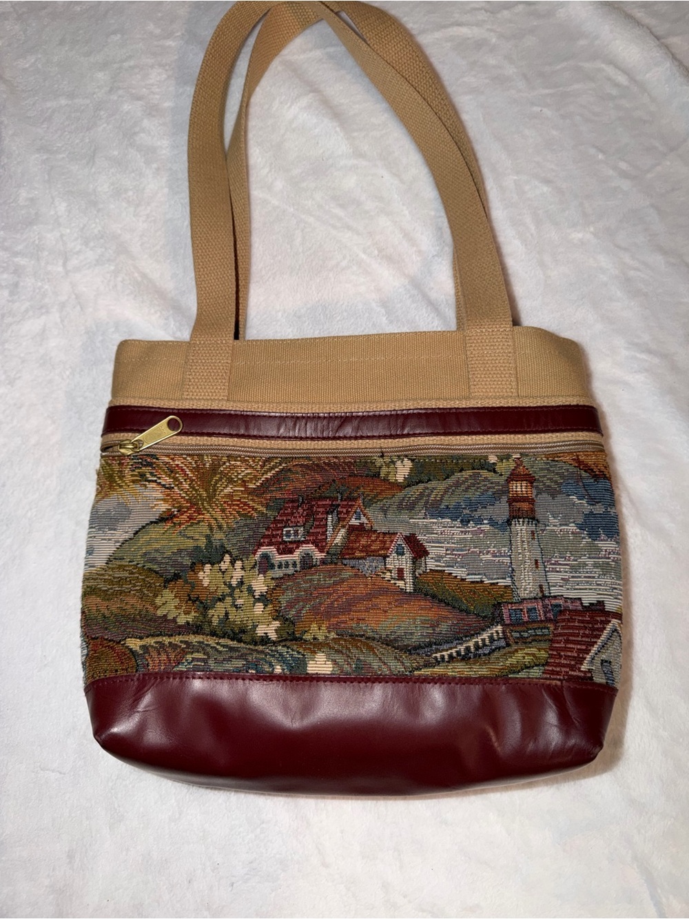 My Maine Bag- Vintage Woven Tapestry tote bag- With Light house Design